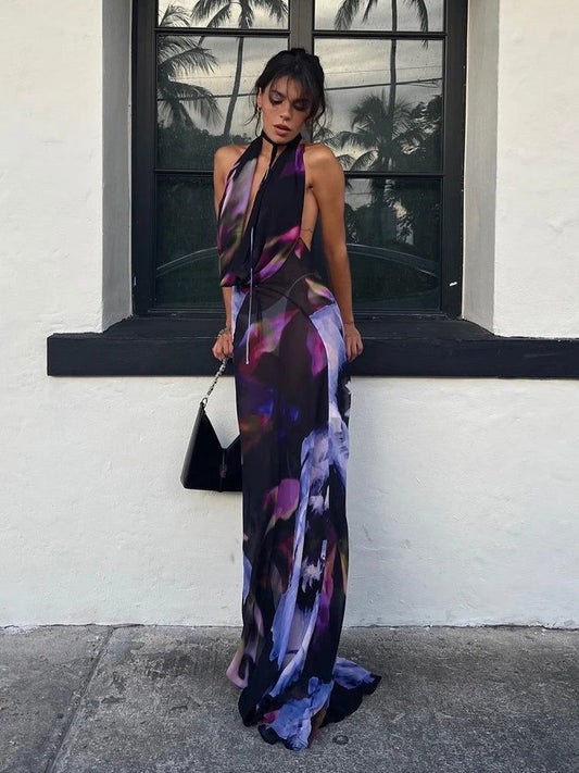 Lila Purple Print Maxi Dress - Montfash