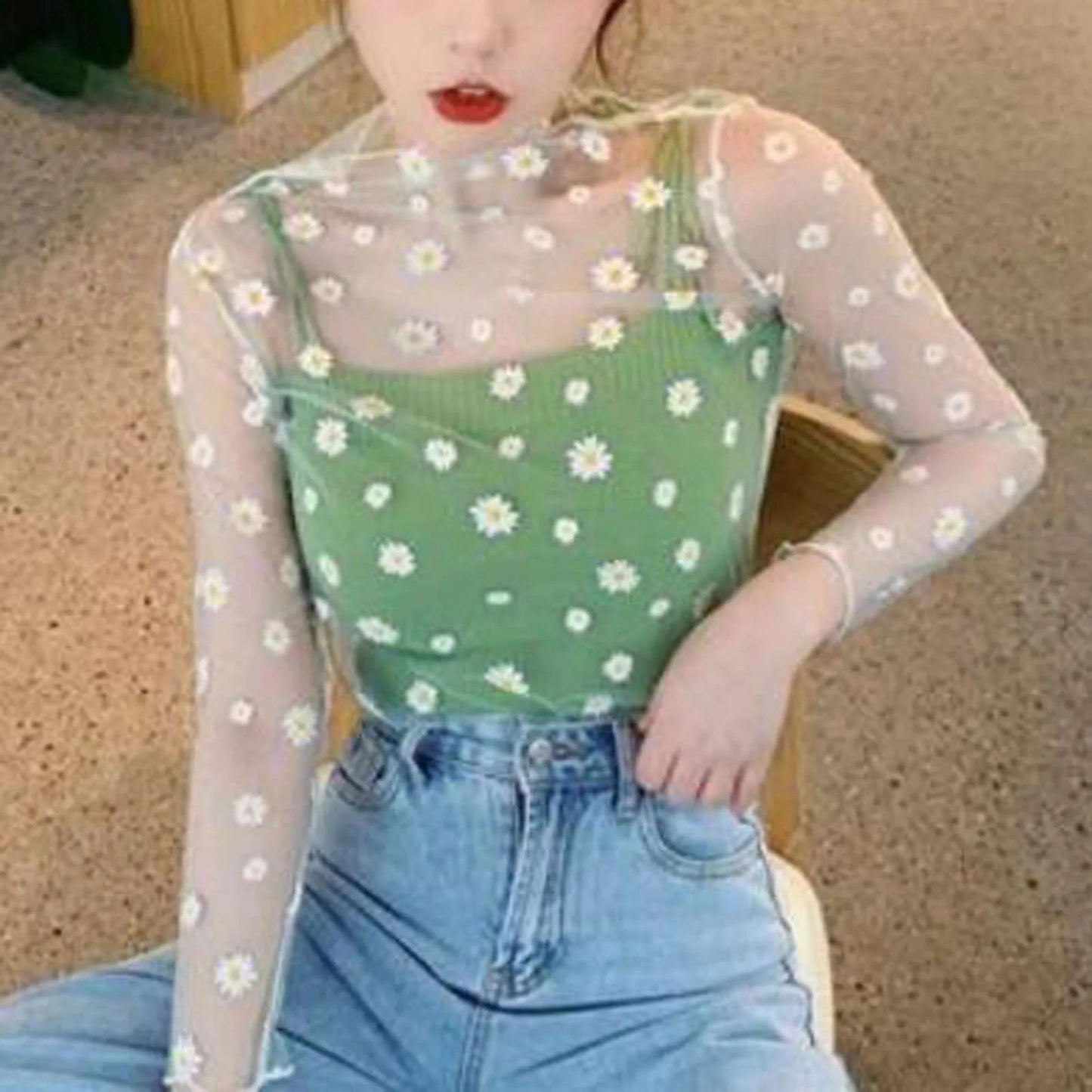 Lily Daisy Print Sheer Top - Montfash