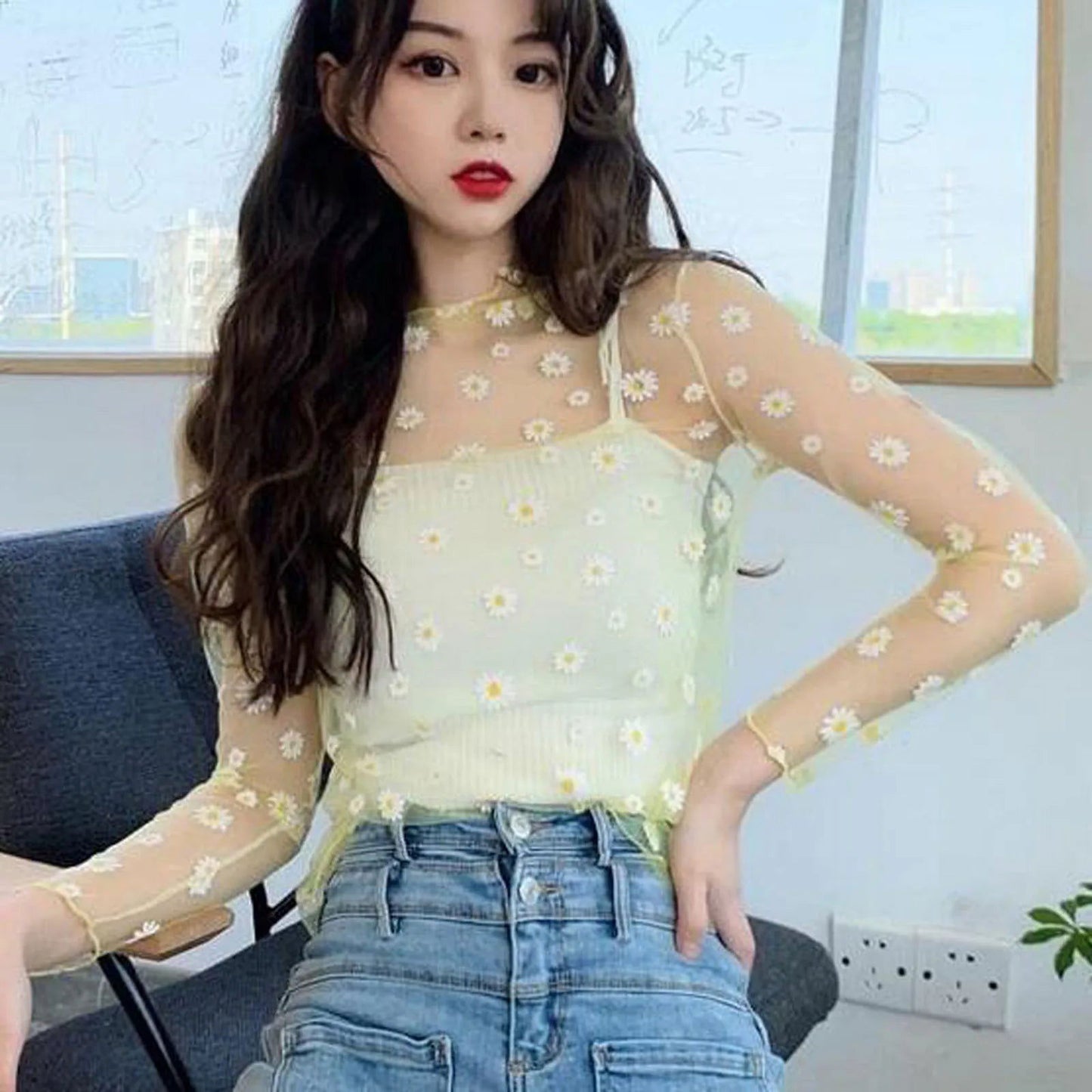Lily Daisy Print Sheer Top - Montfash