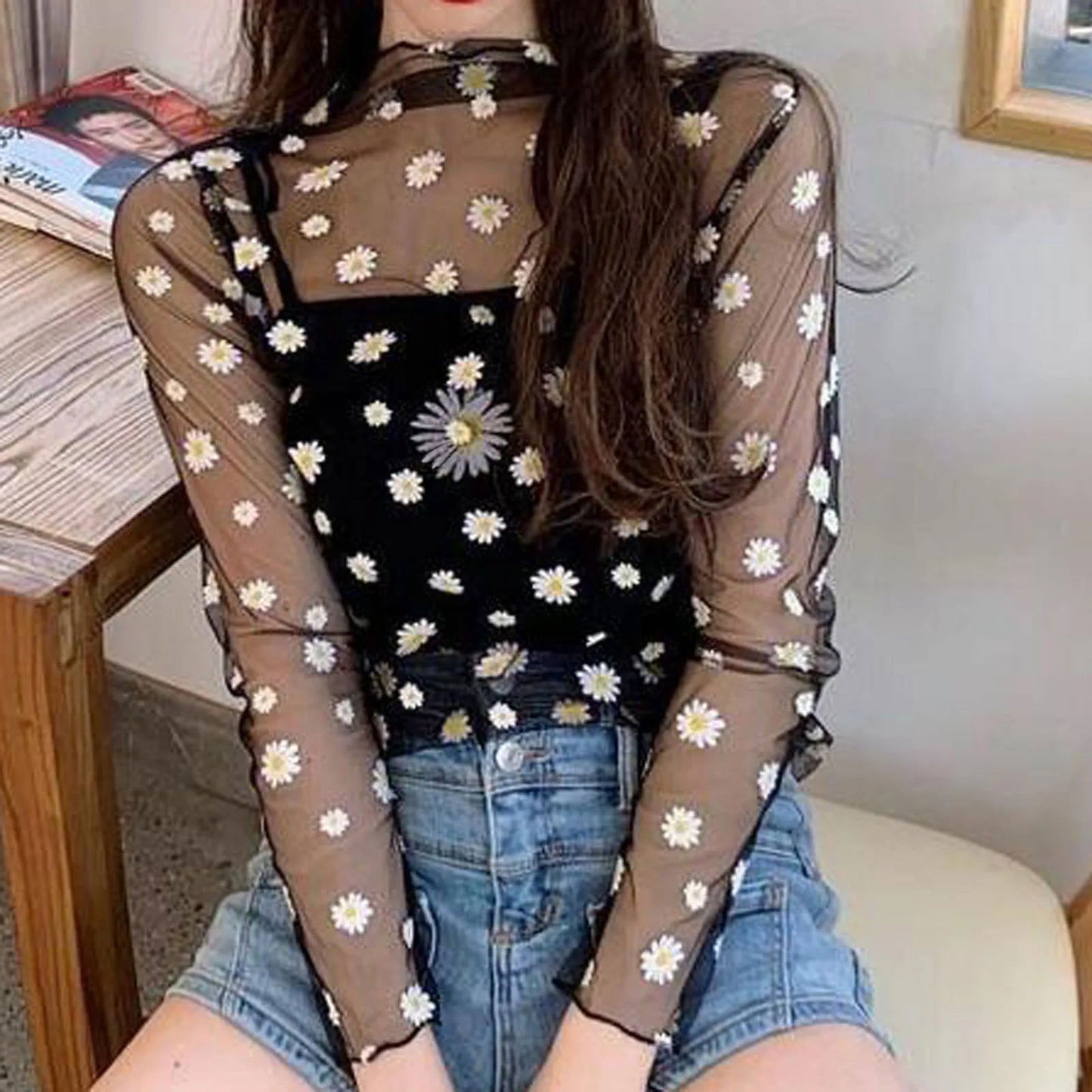 Lily Daisy Print Sheer Top - Montfash