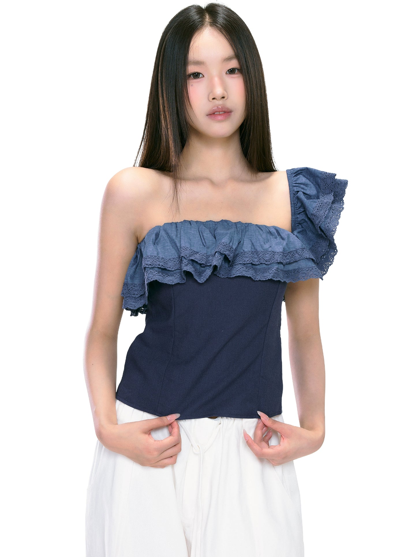 Clara Ruffled Asymmetrical Denim Top