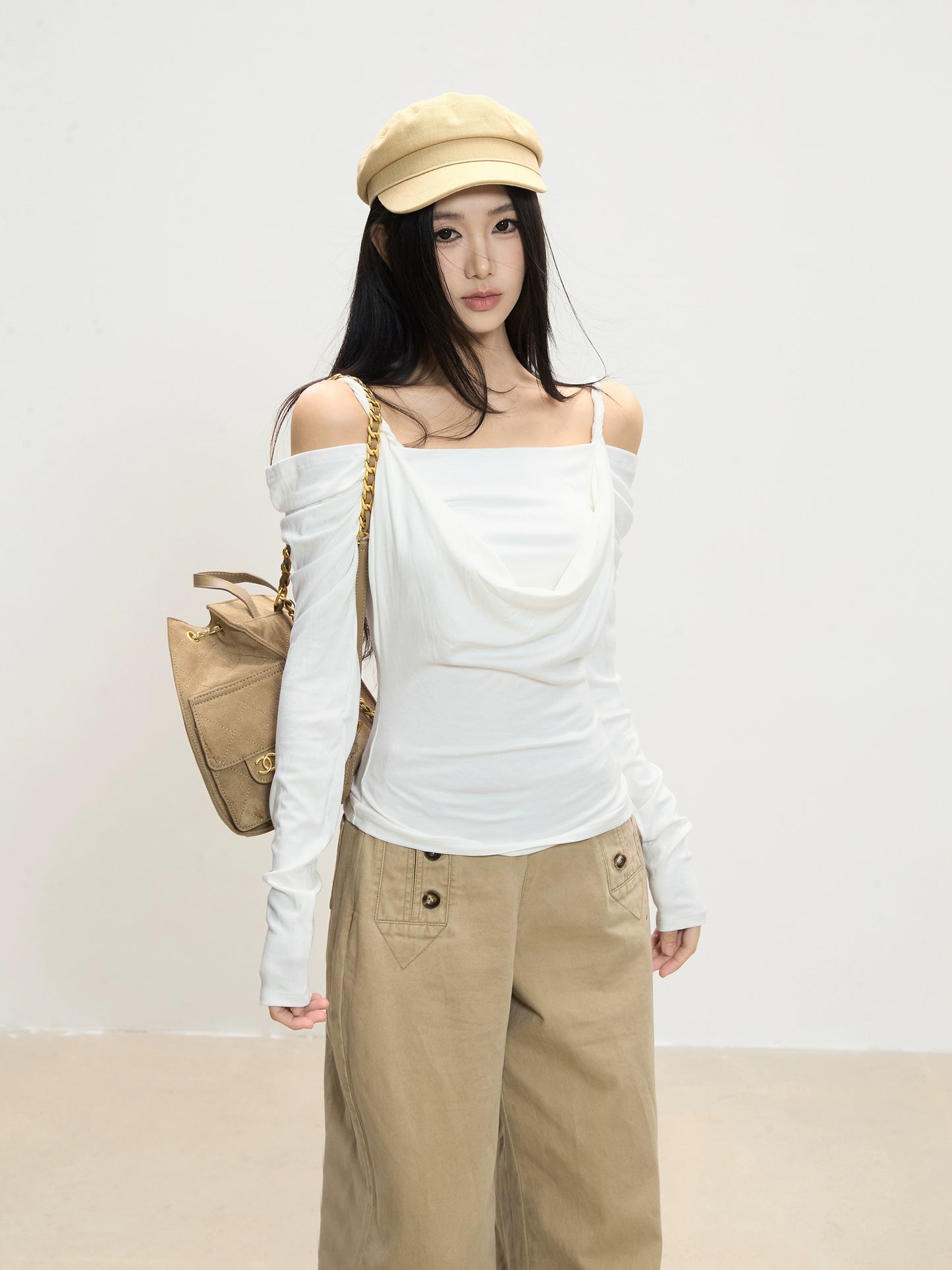 Lena Draped Shoulder Long Sleeve Top