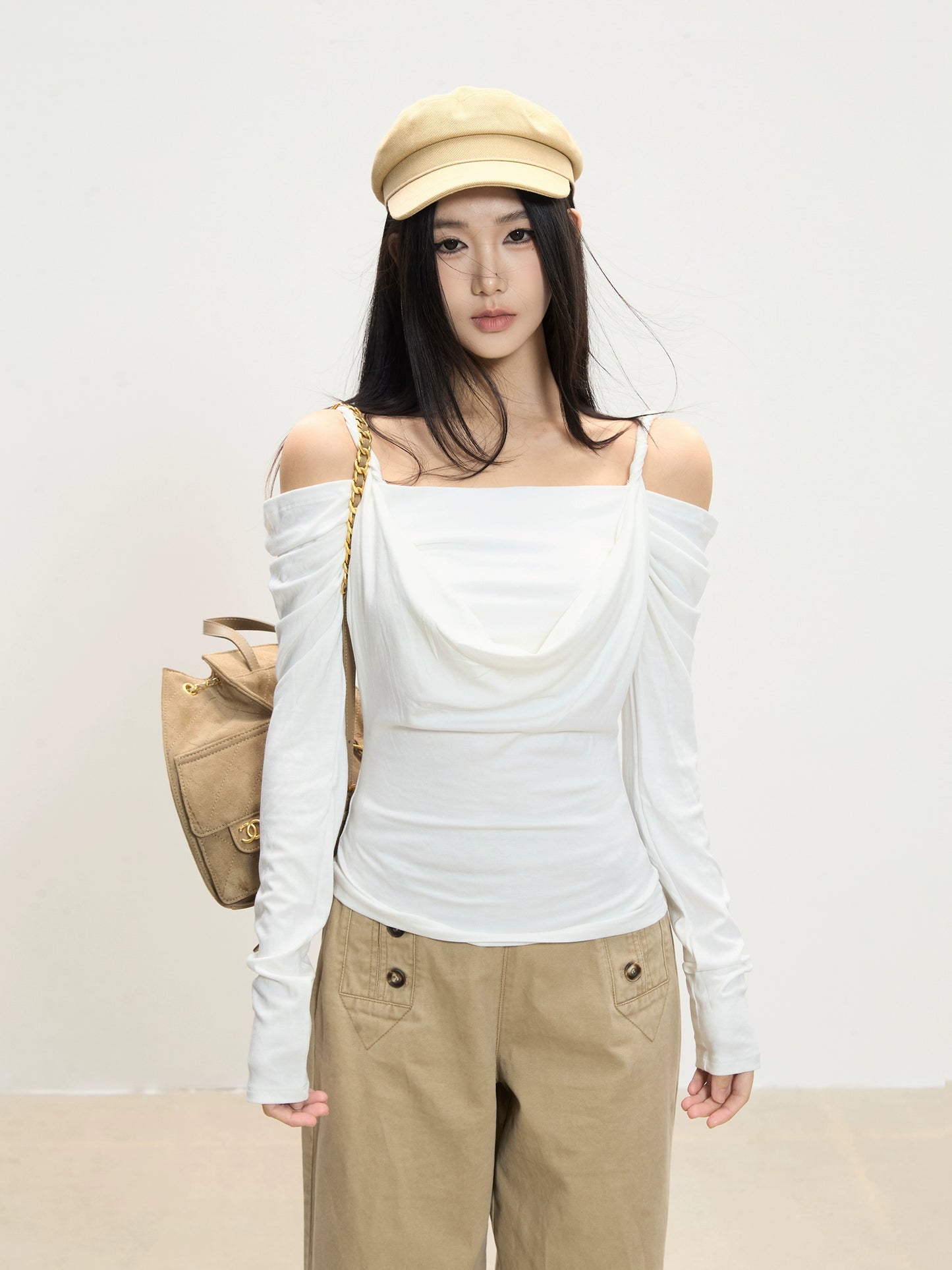 Lena Draped Shoulder Long Sleeve Top