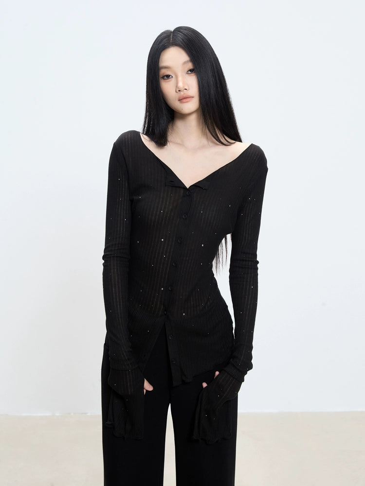 Elara Off-Shoulder Ribbed Button-Up Top