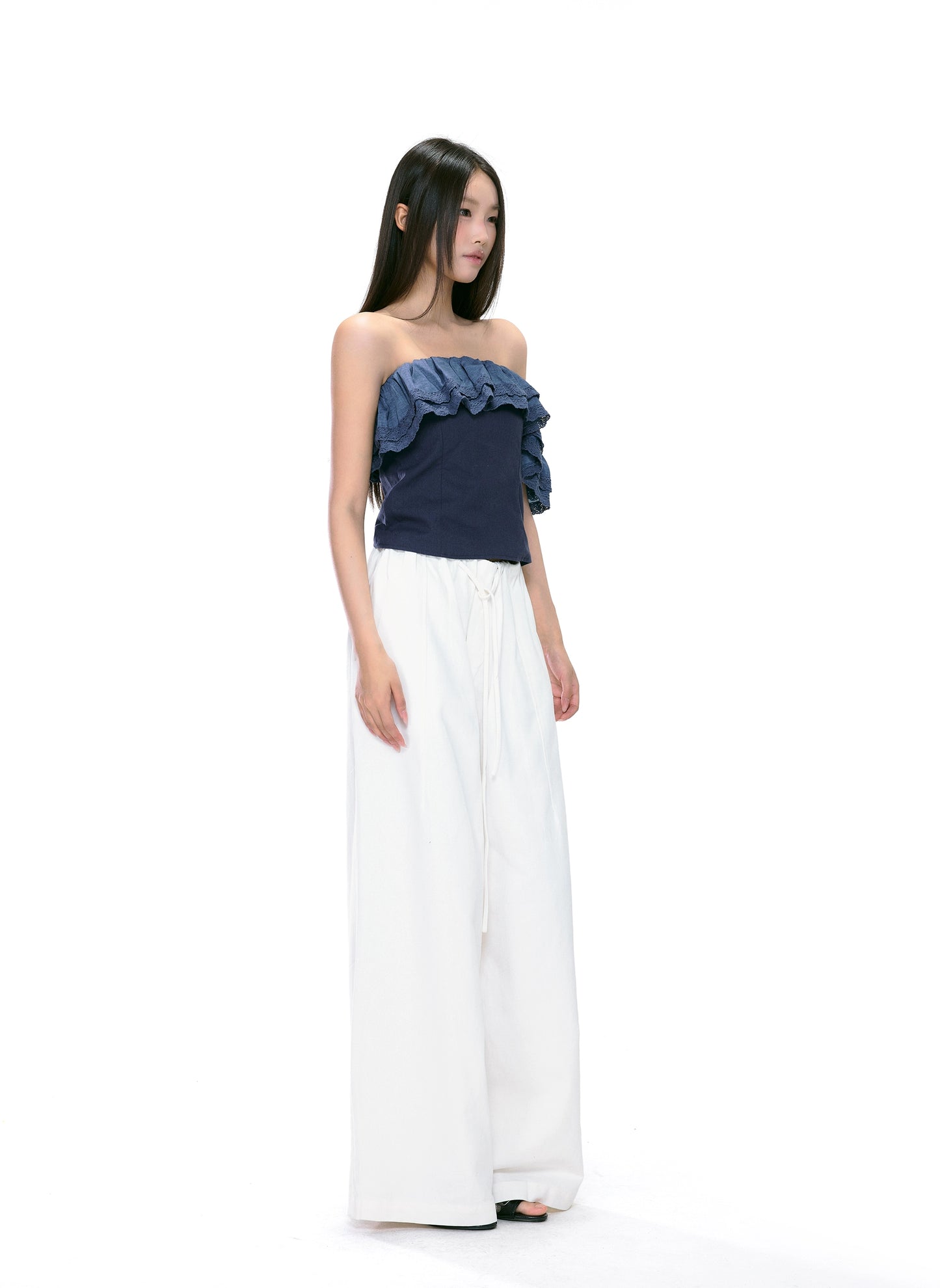 Clara Ruffled Asymmetrical Denim Top