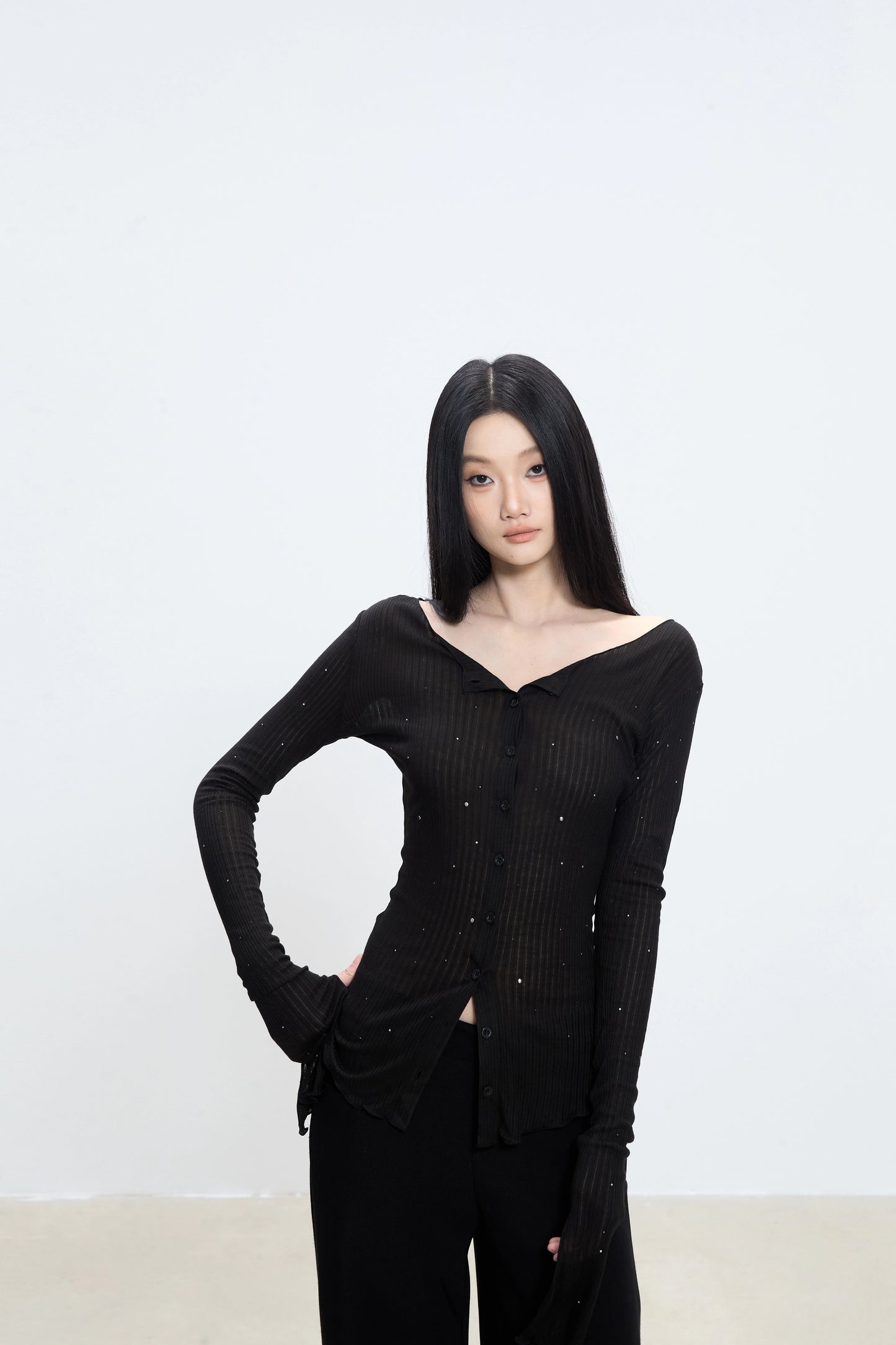 Elara Off-Shoulder Ribbed Button-Up Top