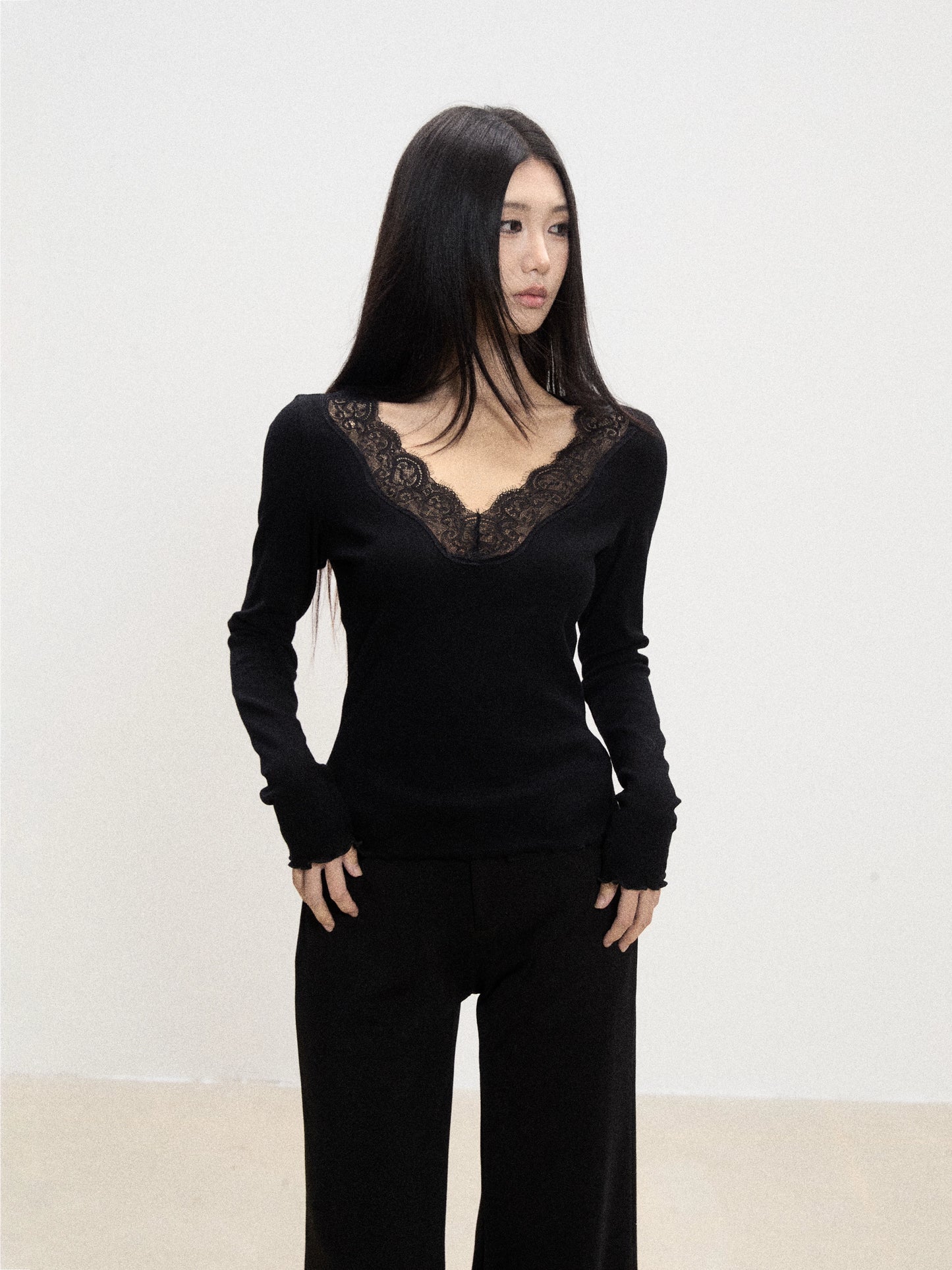 Lace-Trim V-Neck Knit Top