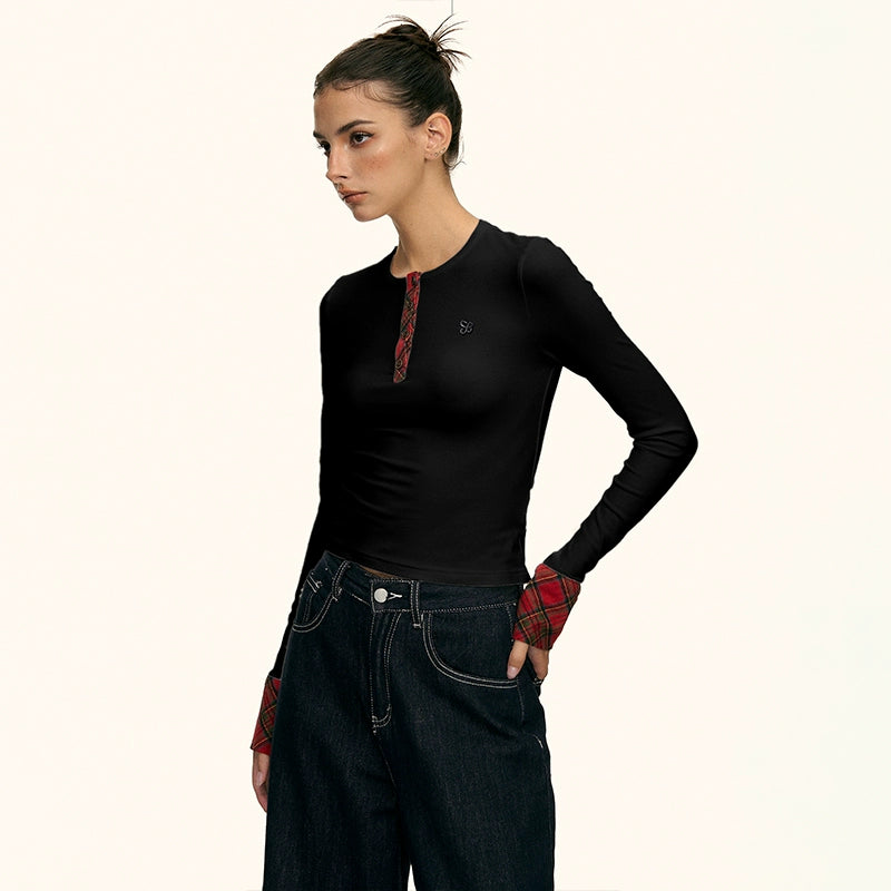 Aria Contrast Plaid Cuff Top