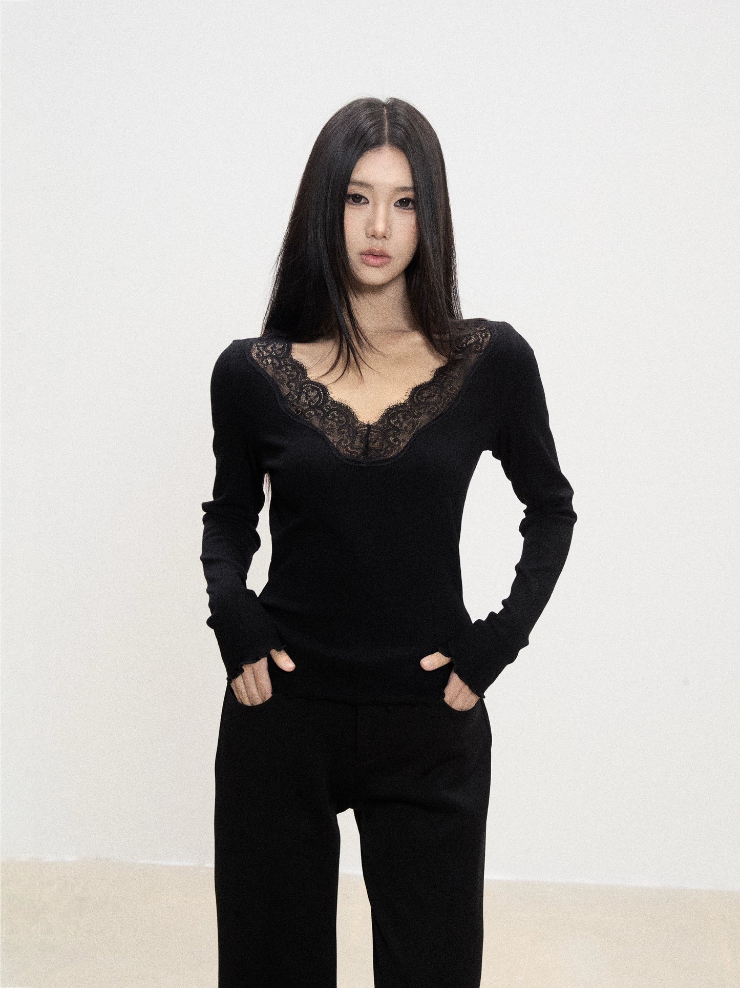 Lace-Trim V-Neck Knit Top