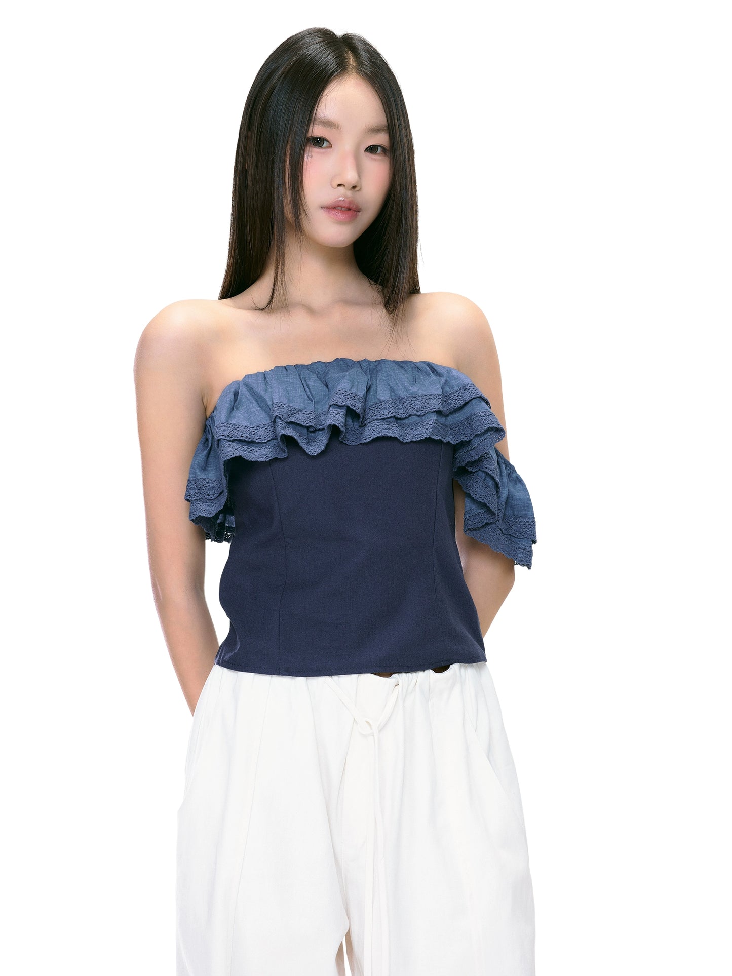 Clara Ruffled Asymmetrical Denim Top