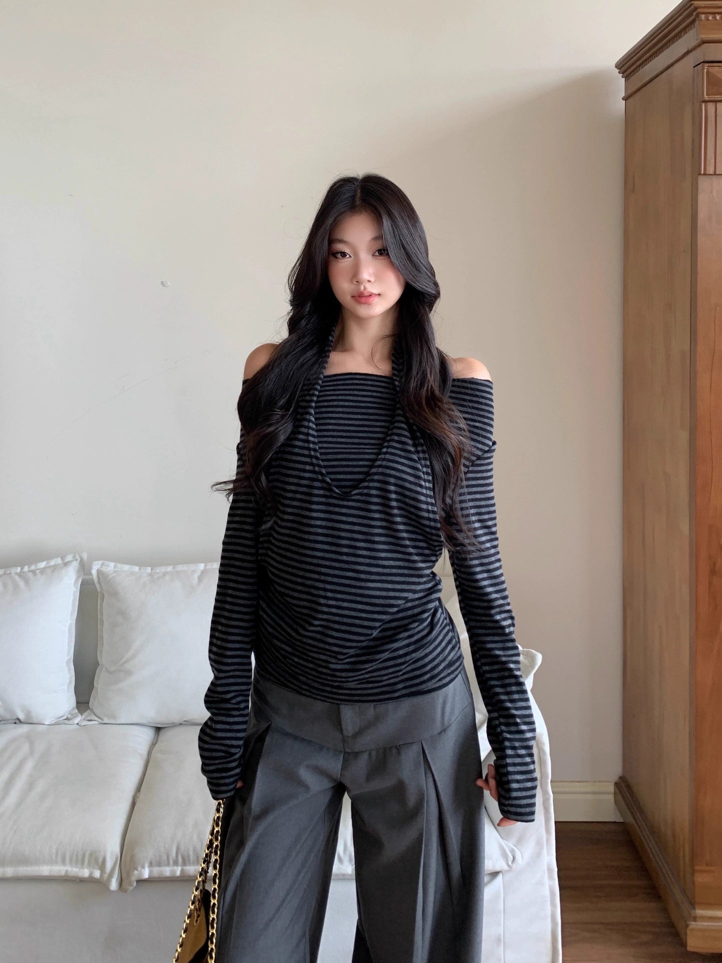 Celia Striped Off-Shoulder Halter Top
