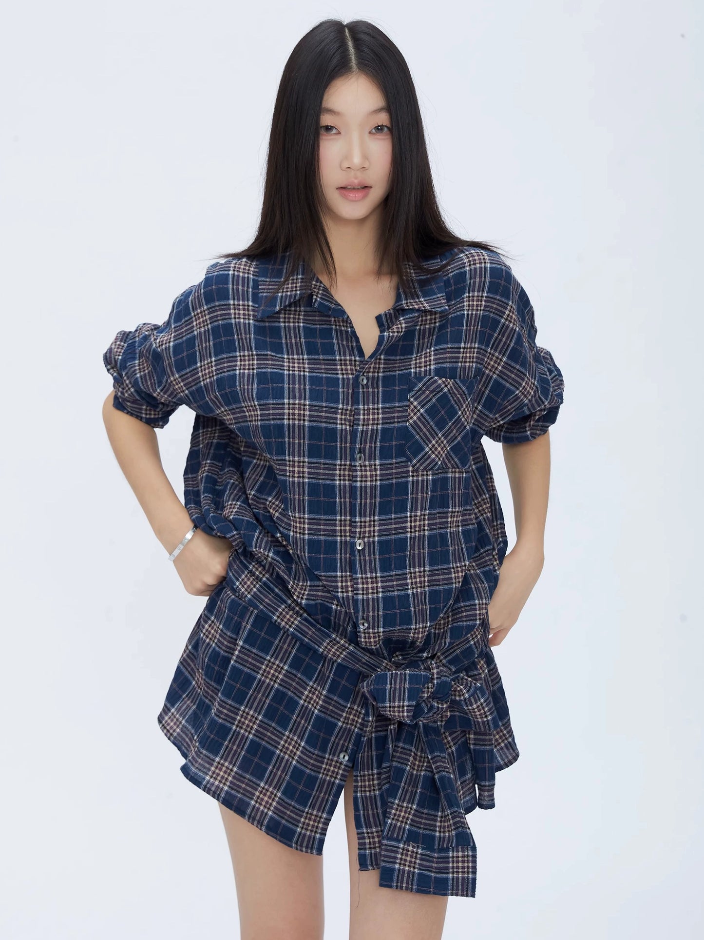 Rina Plaid Tie Shirt Dress