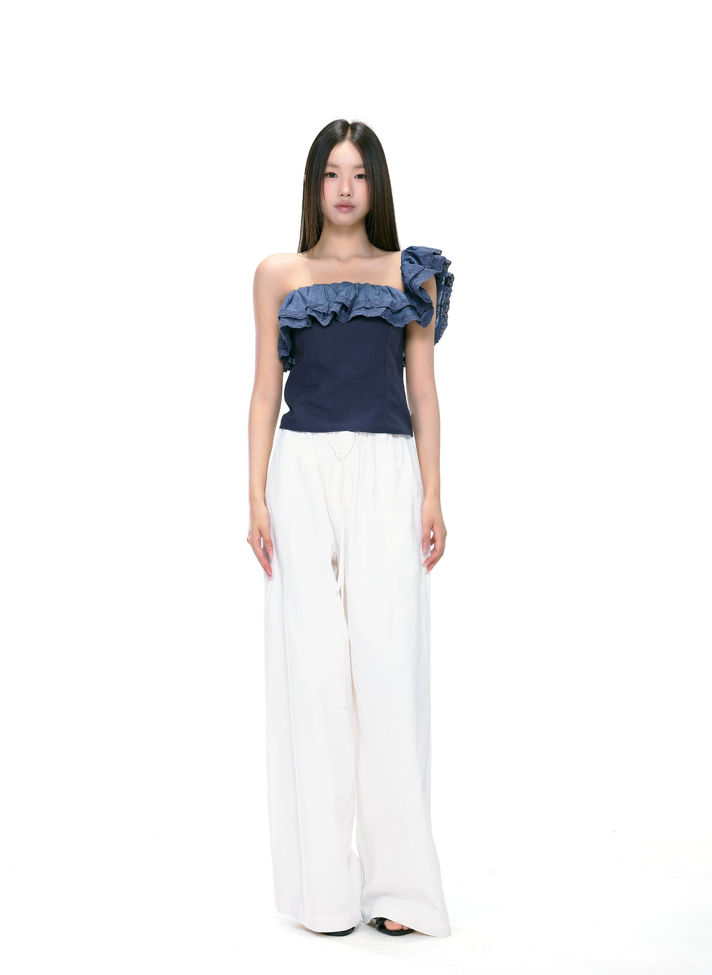 Clara Ruffled Asymmetrical Denim Top