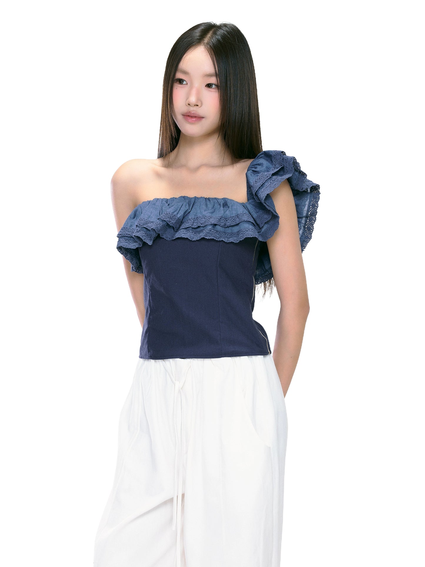 Clara Ruffled Asymmetrical Denim Top