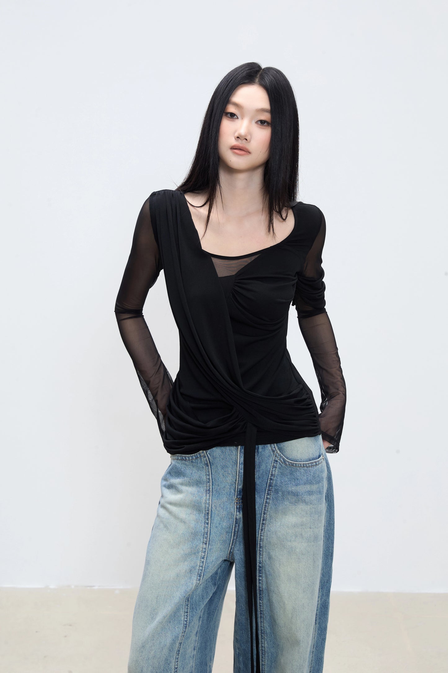 Elena Mesh Wrap Long Sleeve Top