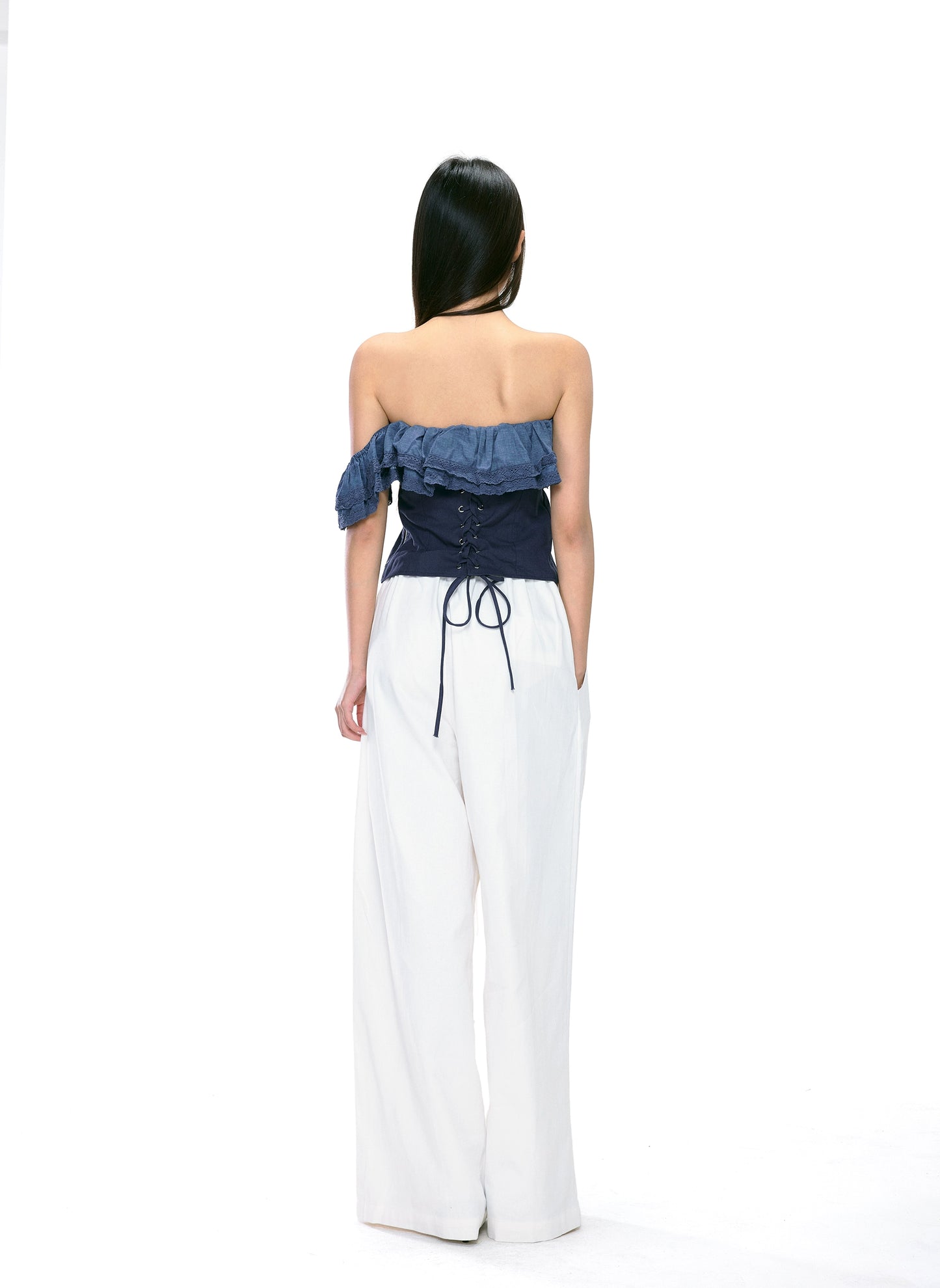 Clara Ruffled Asymmetrical Denim Top
