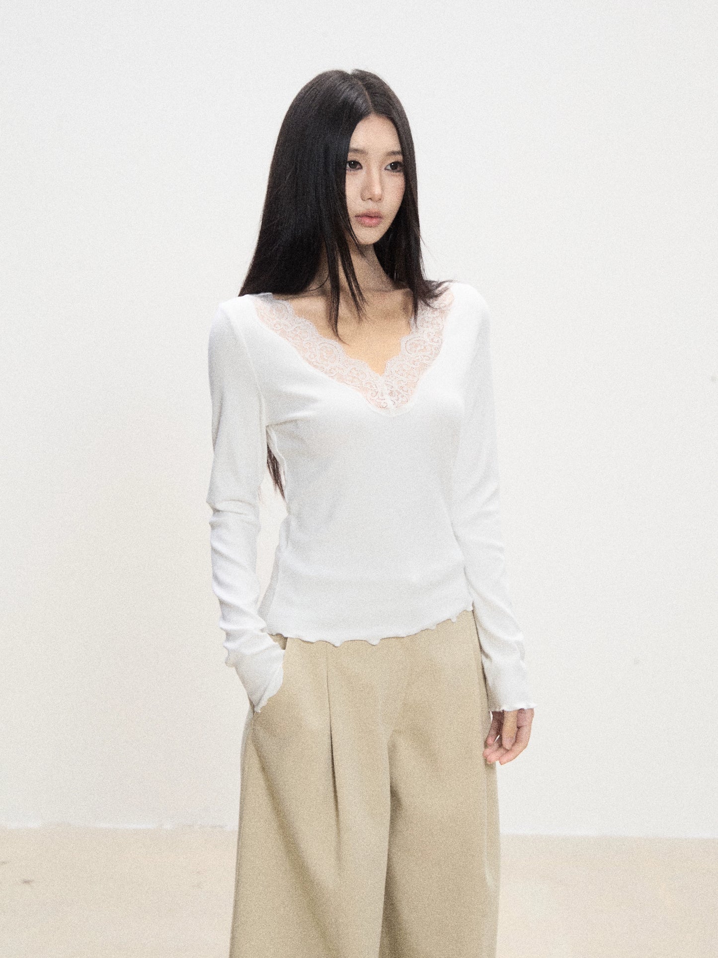 Lace-Trim V-Neck Knit Top