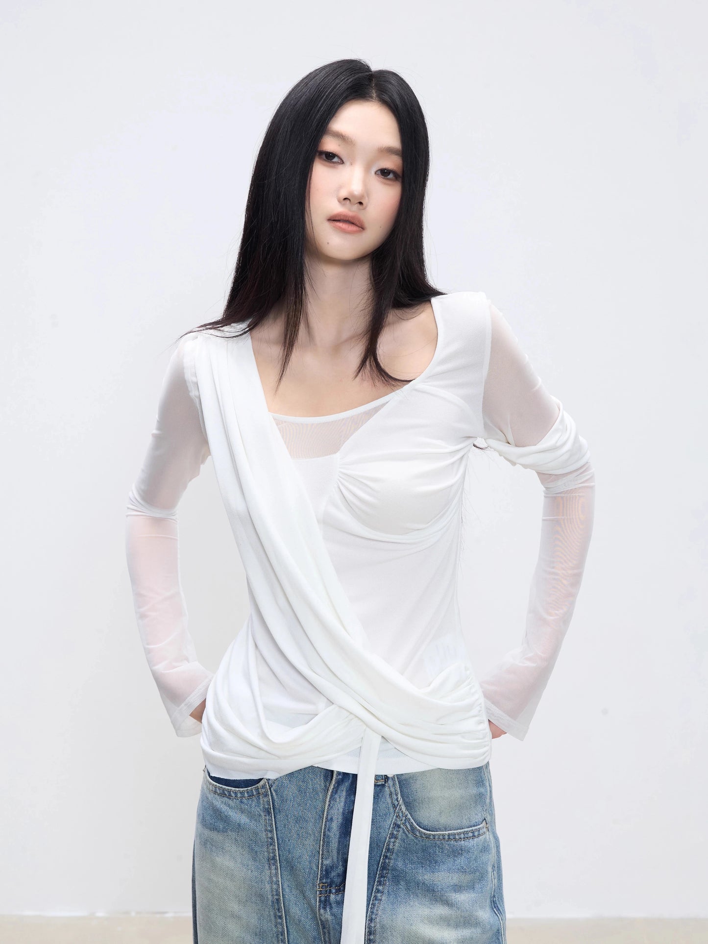 Elena Mesh Wrap Long Sleeve Top