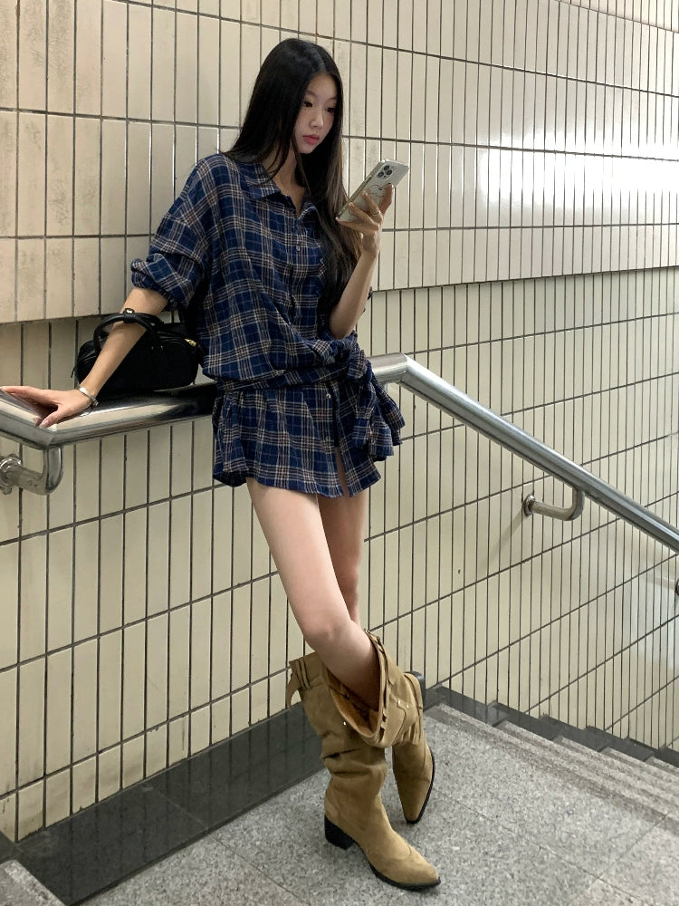 Rina Plaid Tie Shirt Dress