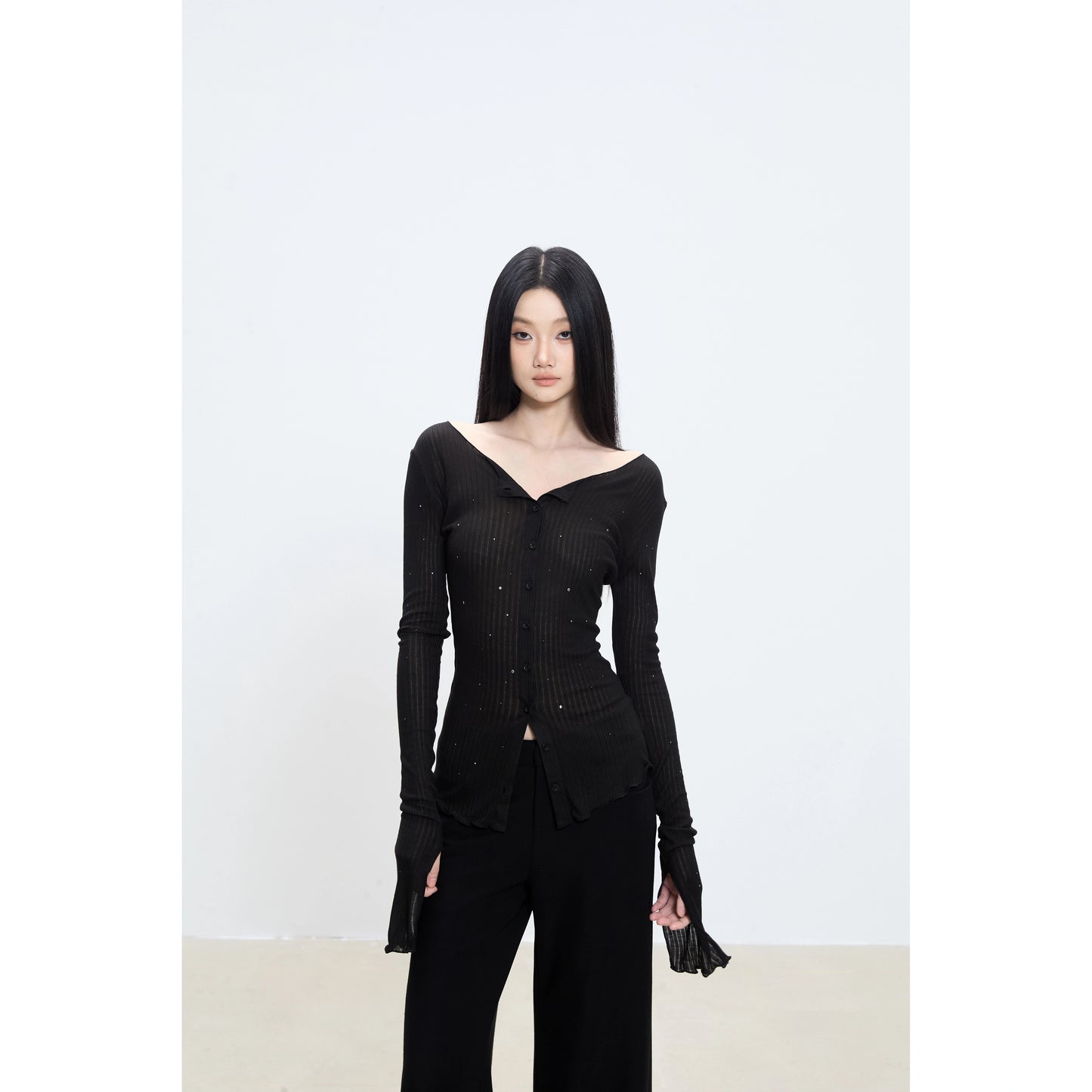 Elara Off-Shoulder Ribbed Button-Up Top