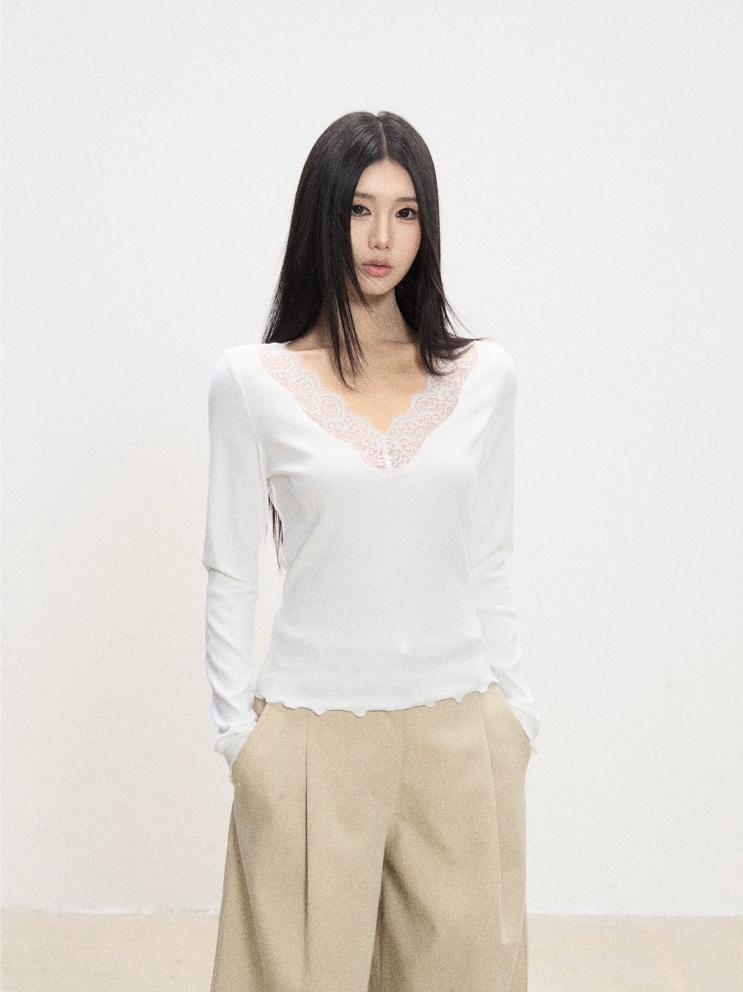 Lace-Trim V-Neck Knit Top