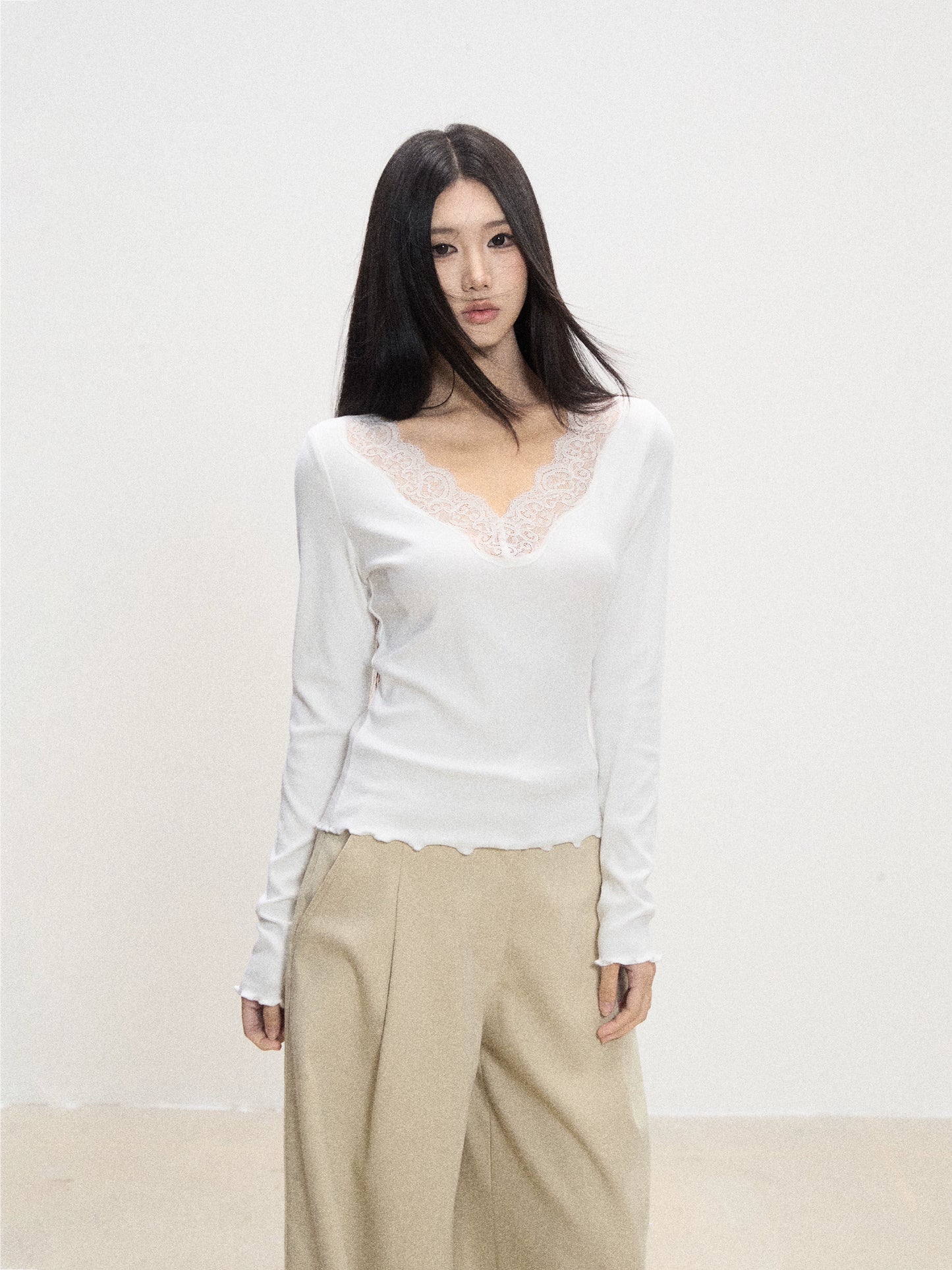 Lace-Trim V-Neck Knit Top