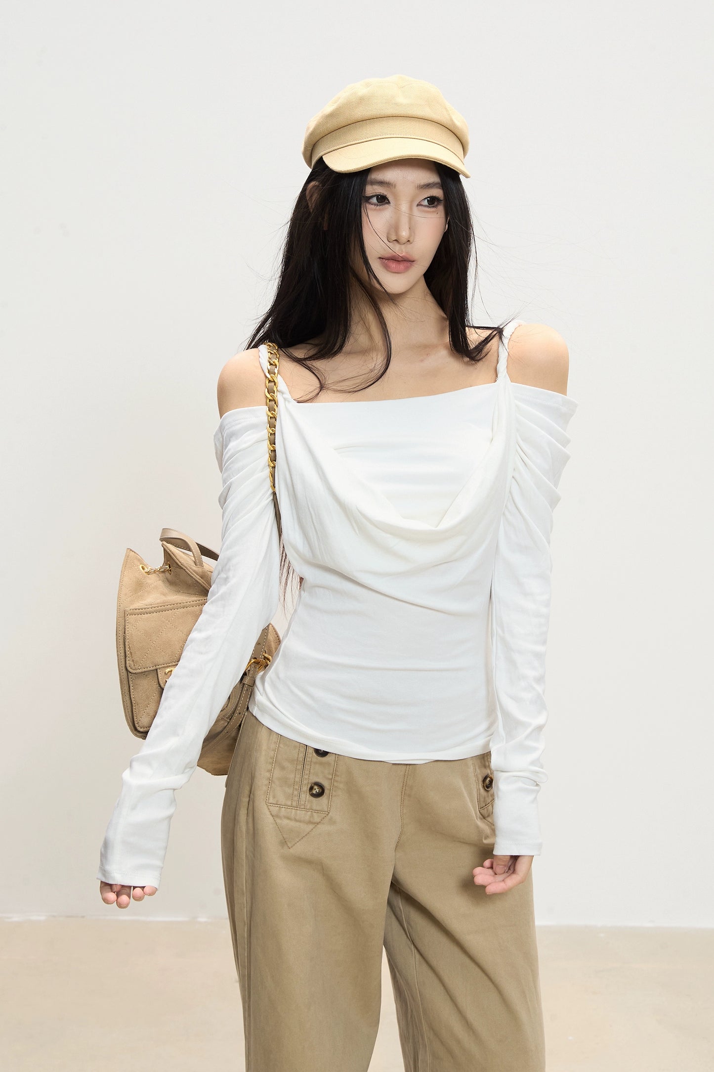 Lena Draped Shoulder Long Sleeve Top