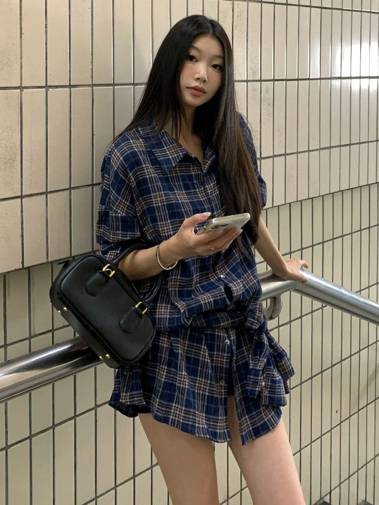 Rina Plaid Tie Shirt Dress