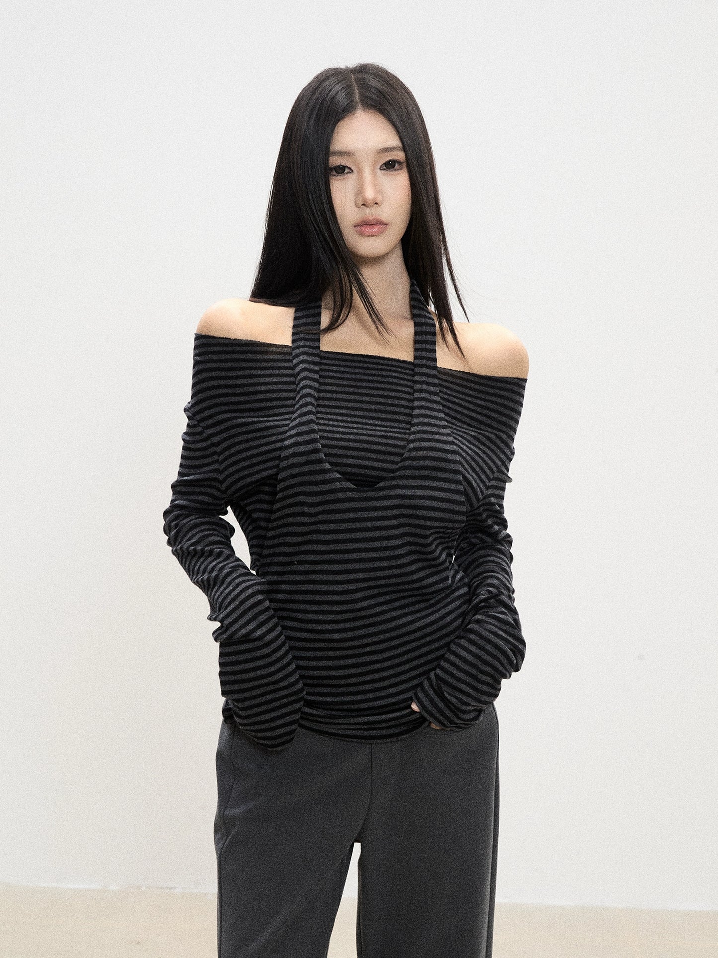 Celia Striped Off-Shoulder Halter Top