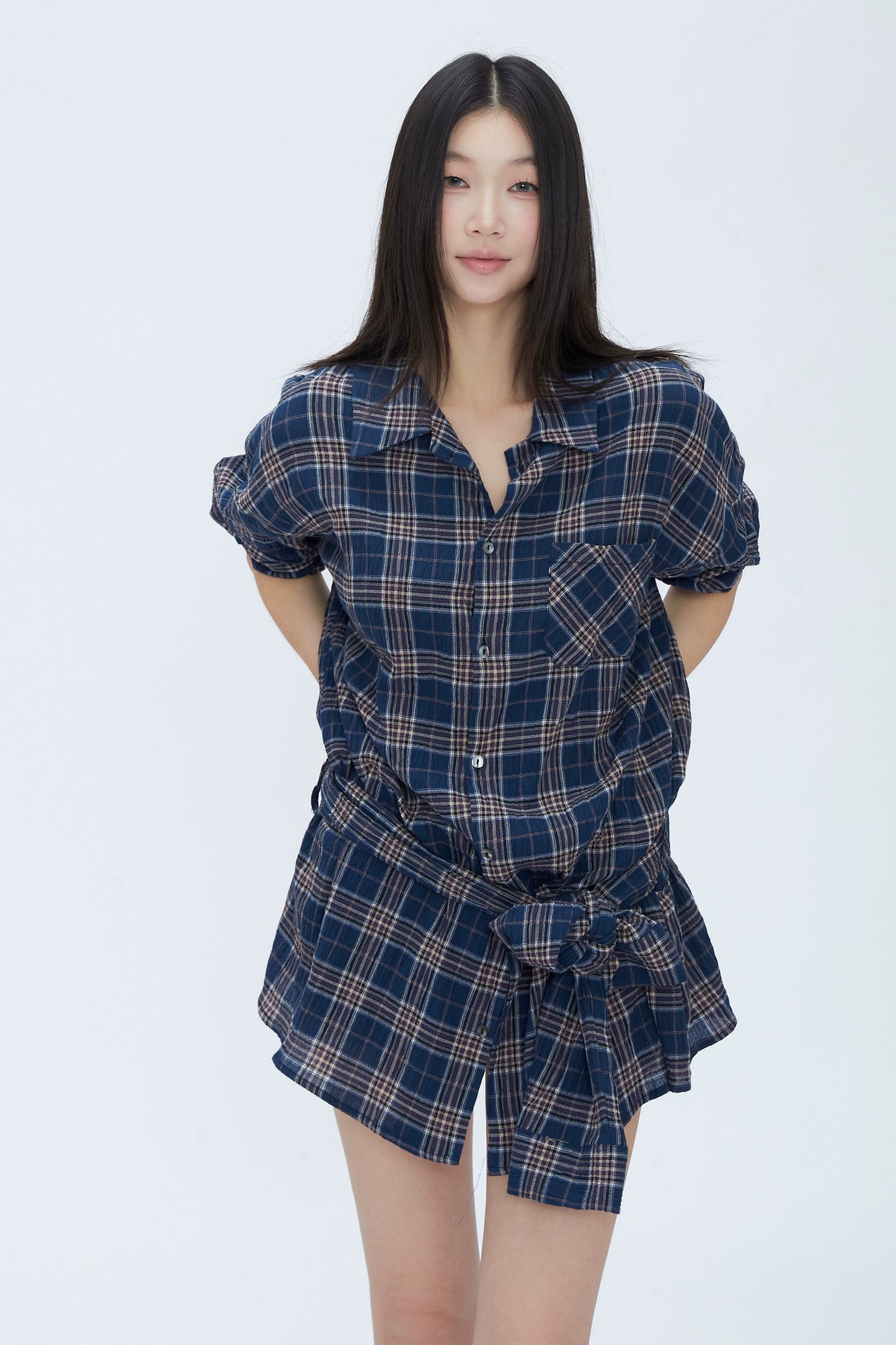 Rina Plaid Tie Shirt Dress