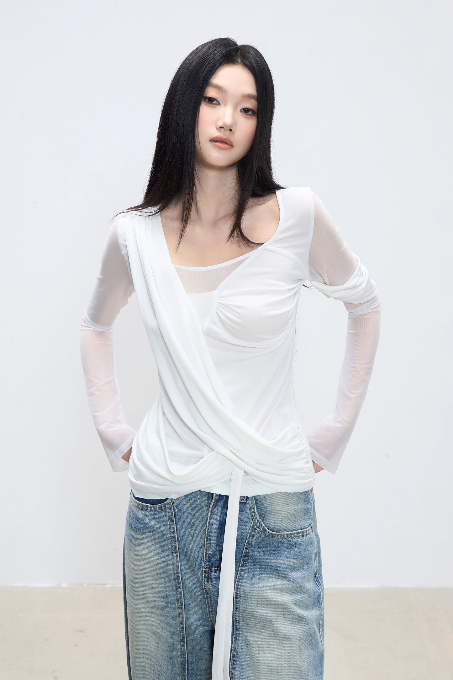 Elena Mesh Wrap Long Sleeve Top