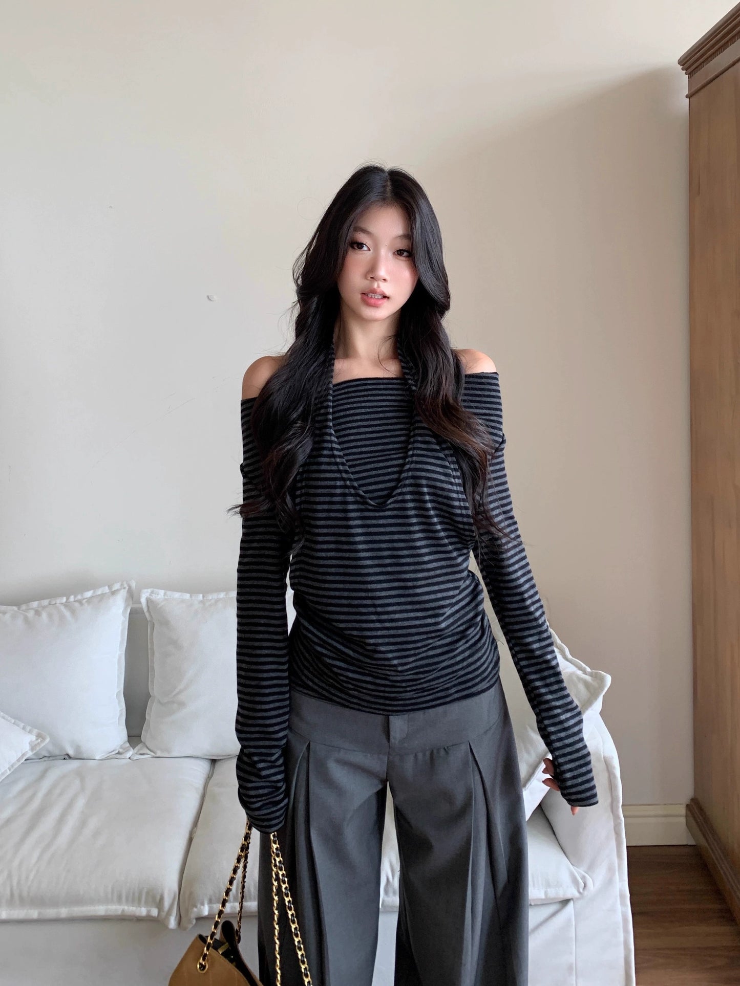 Celia Striped Off-Shoulder Halter Top