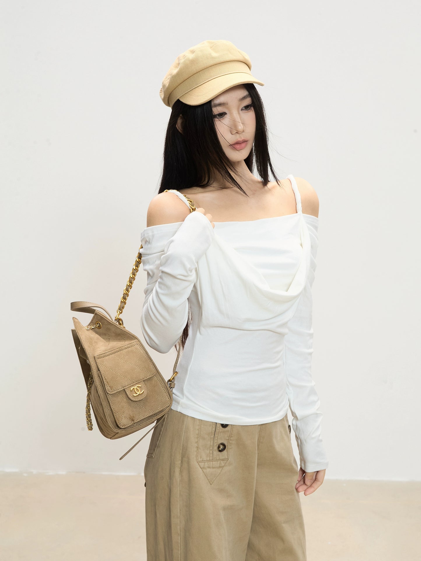 Lena Draped Shoulder Long Sleeve Top