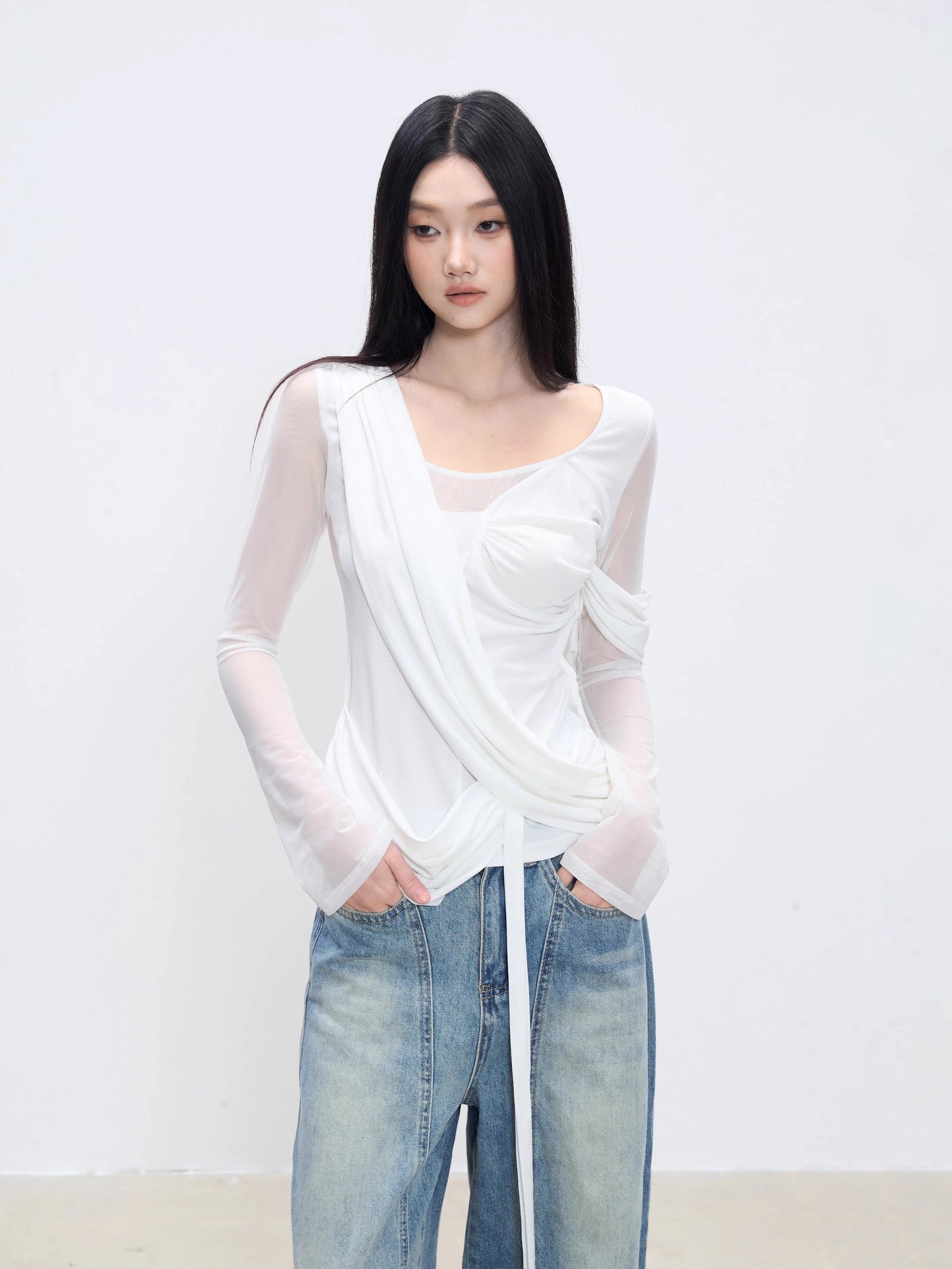 Elena Mesh Wrap Long Sleeve Top