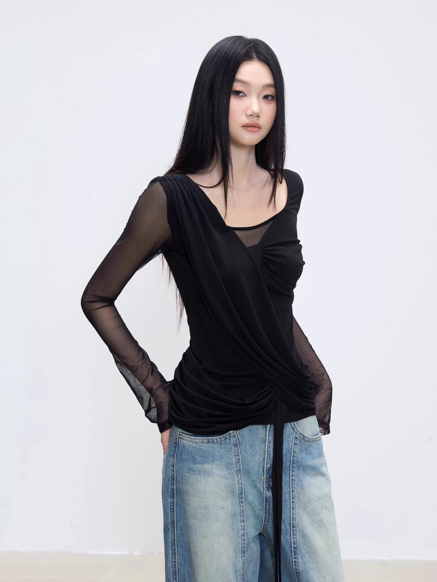 Elena Mesh Wrap Long Sleeve Top