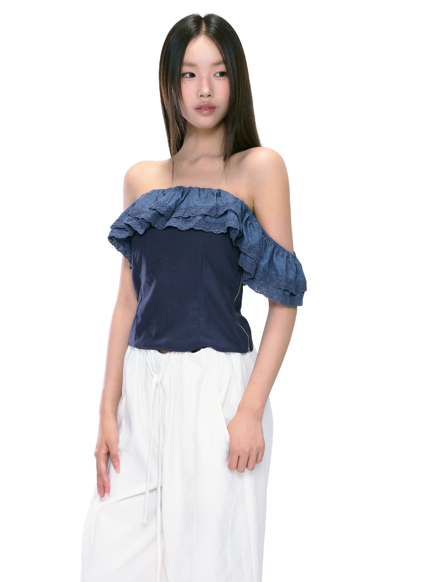 Clara Ruffled Asymmetrical Denim Top
