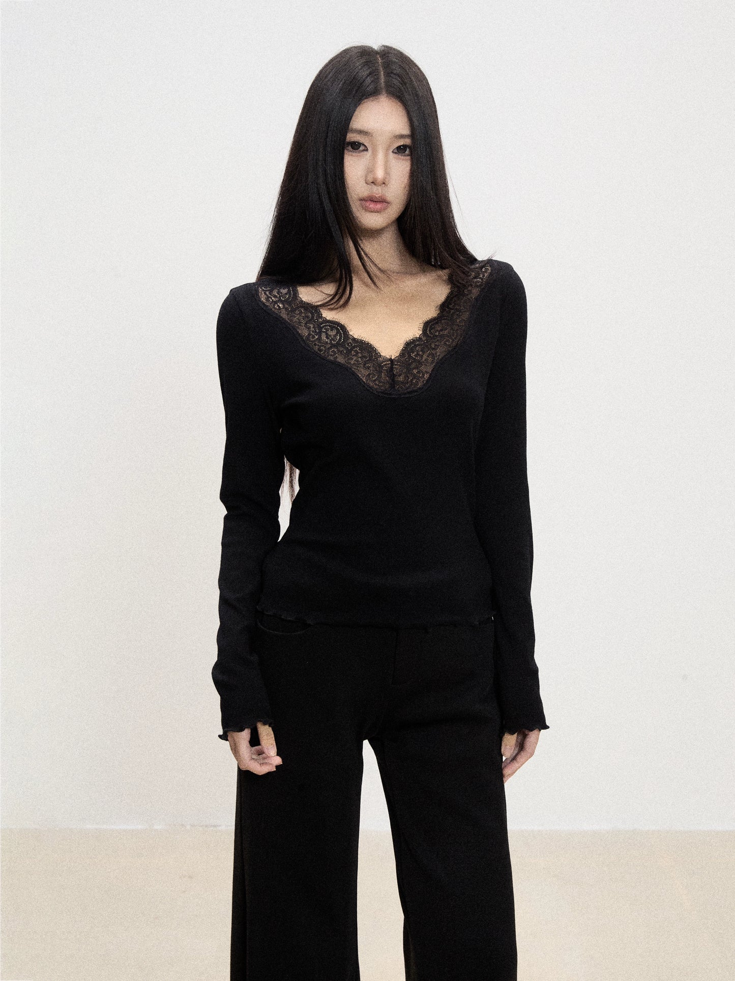 Lace-Trim V-Neck Knit Top