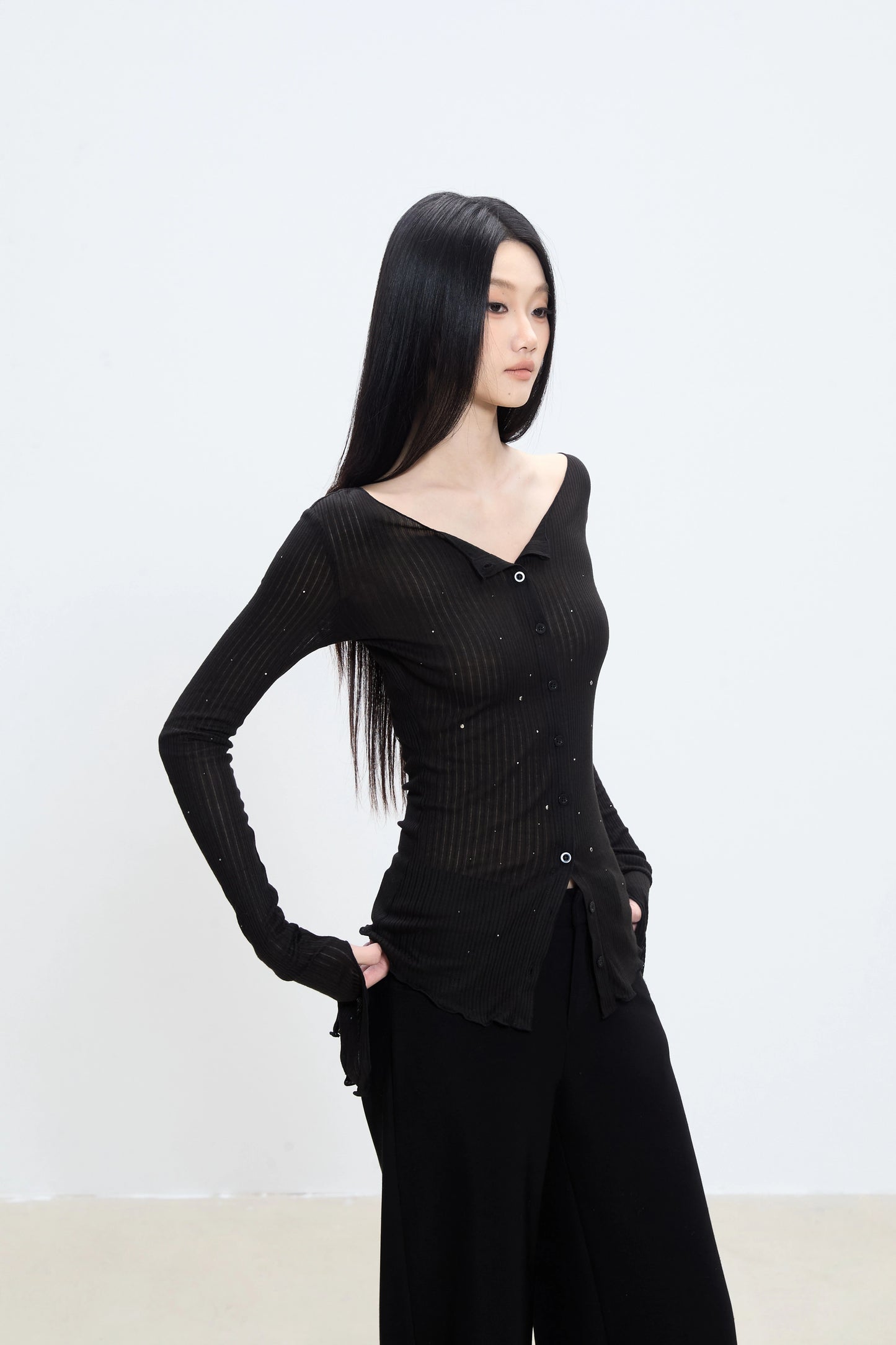 Elara Off-Shoulder Ribbed Button-Up Top