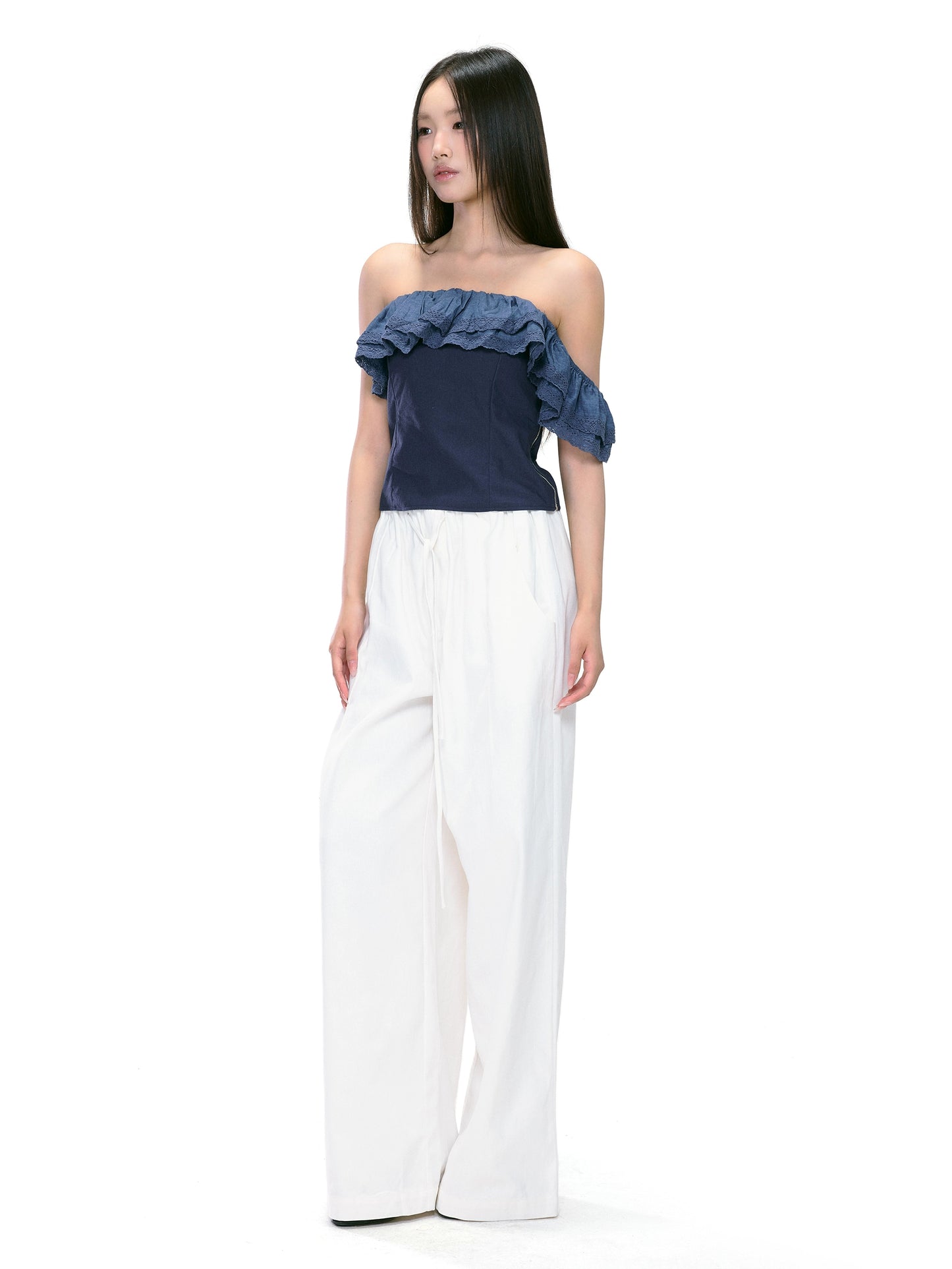 Clara Ruffled Asymmetrical Denim Top