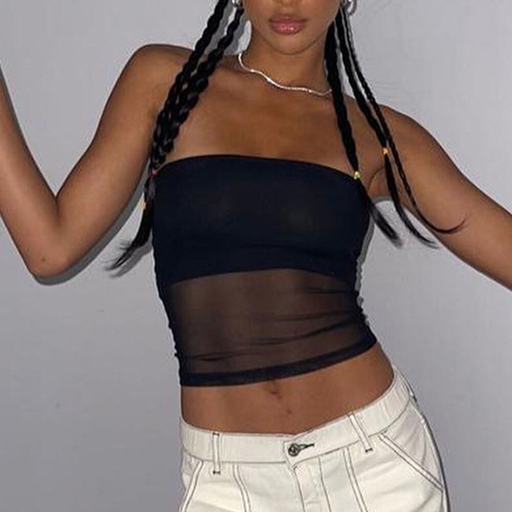 Y2K Patchwork Mesh Tube Top - Montfash