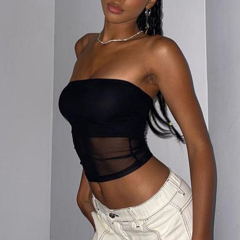 Y2K Patchwork Mesh Tube Top - Montfash