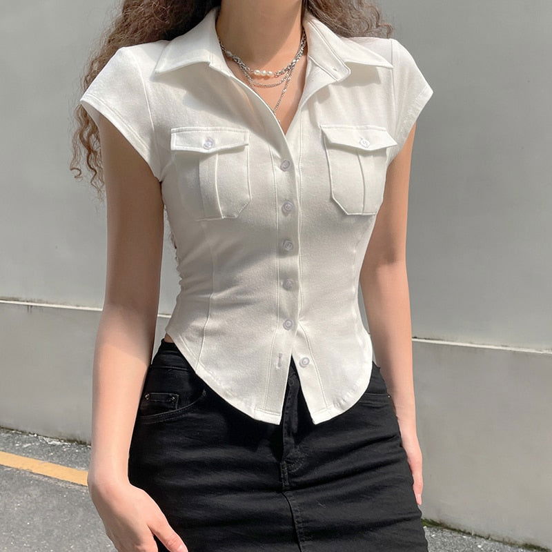 Esther Basic Cute Button T-Shirt - Montfash