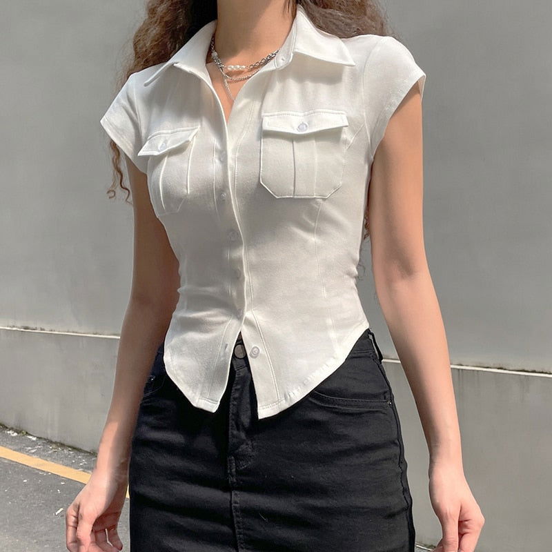 Esther Basic Cute Button T-Shirt - Montfash