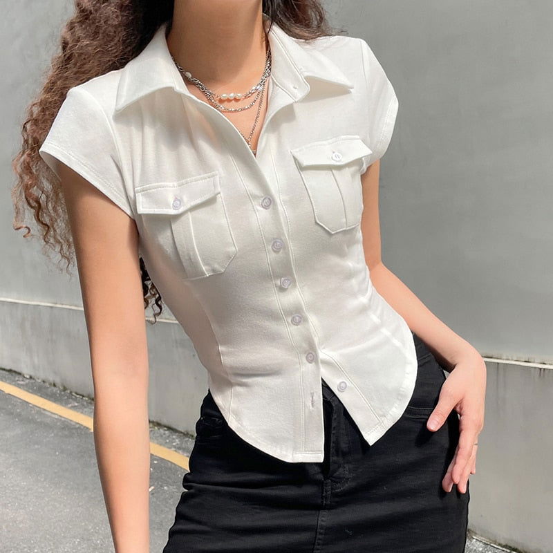 Esther Basic Cute Button T-Shirt - Montfash