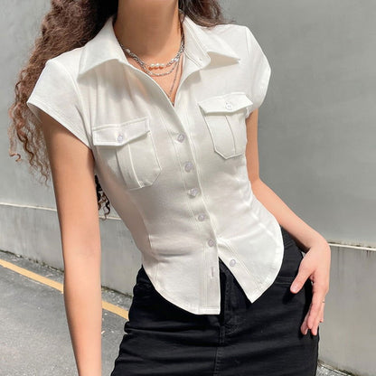 Esther Basic Cute Button T-Shirt - Montfash