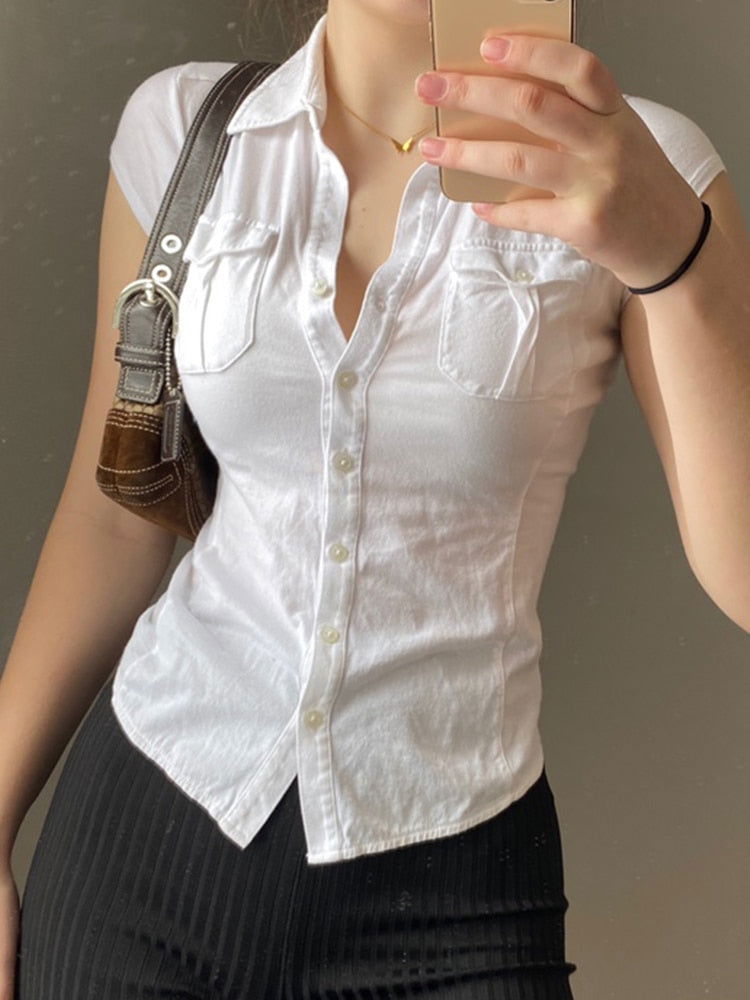 Esther Basic Cute Button T-Shirt - Montfash