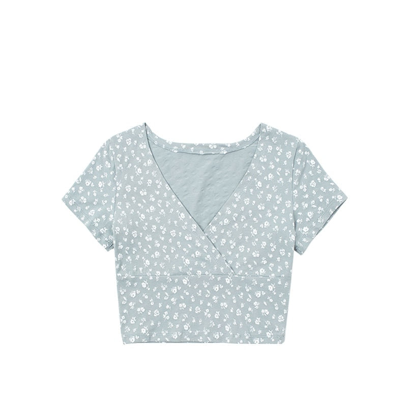Retro Floral V-Neck Short-Sleeved T-shirt