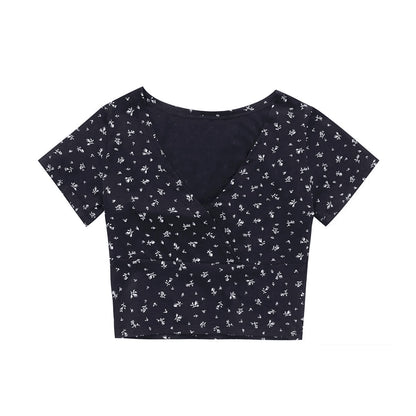 Retro Floral V-Neck Short-Sleeved T-shirt