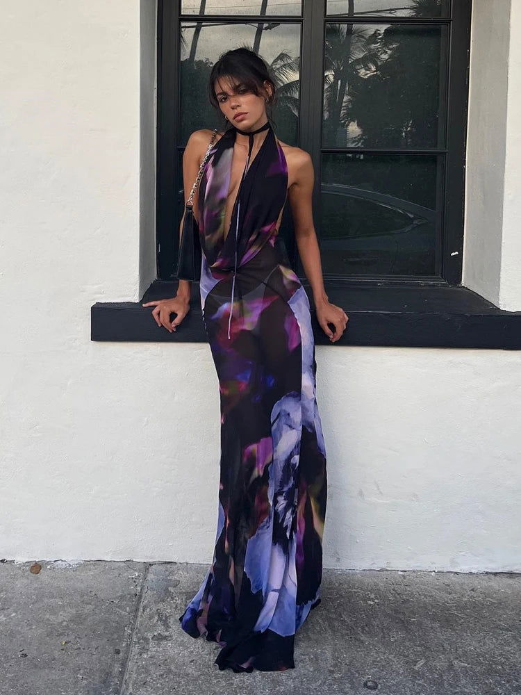 Lila Purple Print Maxi Dress - Montfash