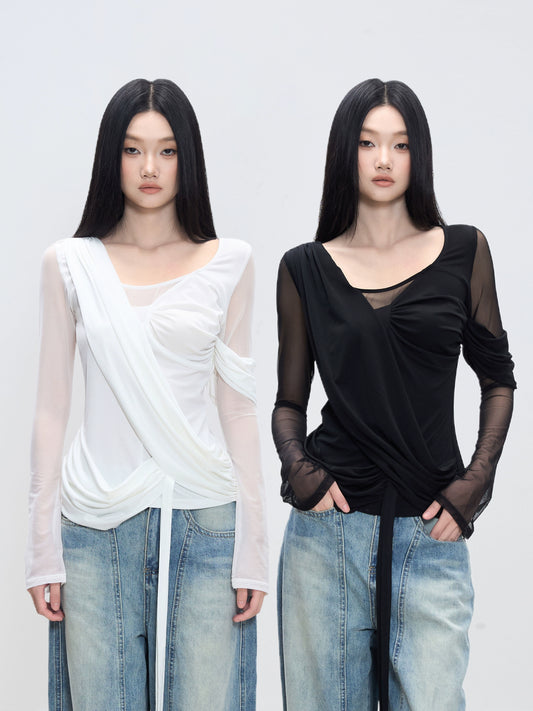 Elena Mesh Wrap Long Sleeve Top
